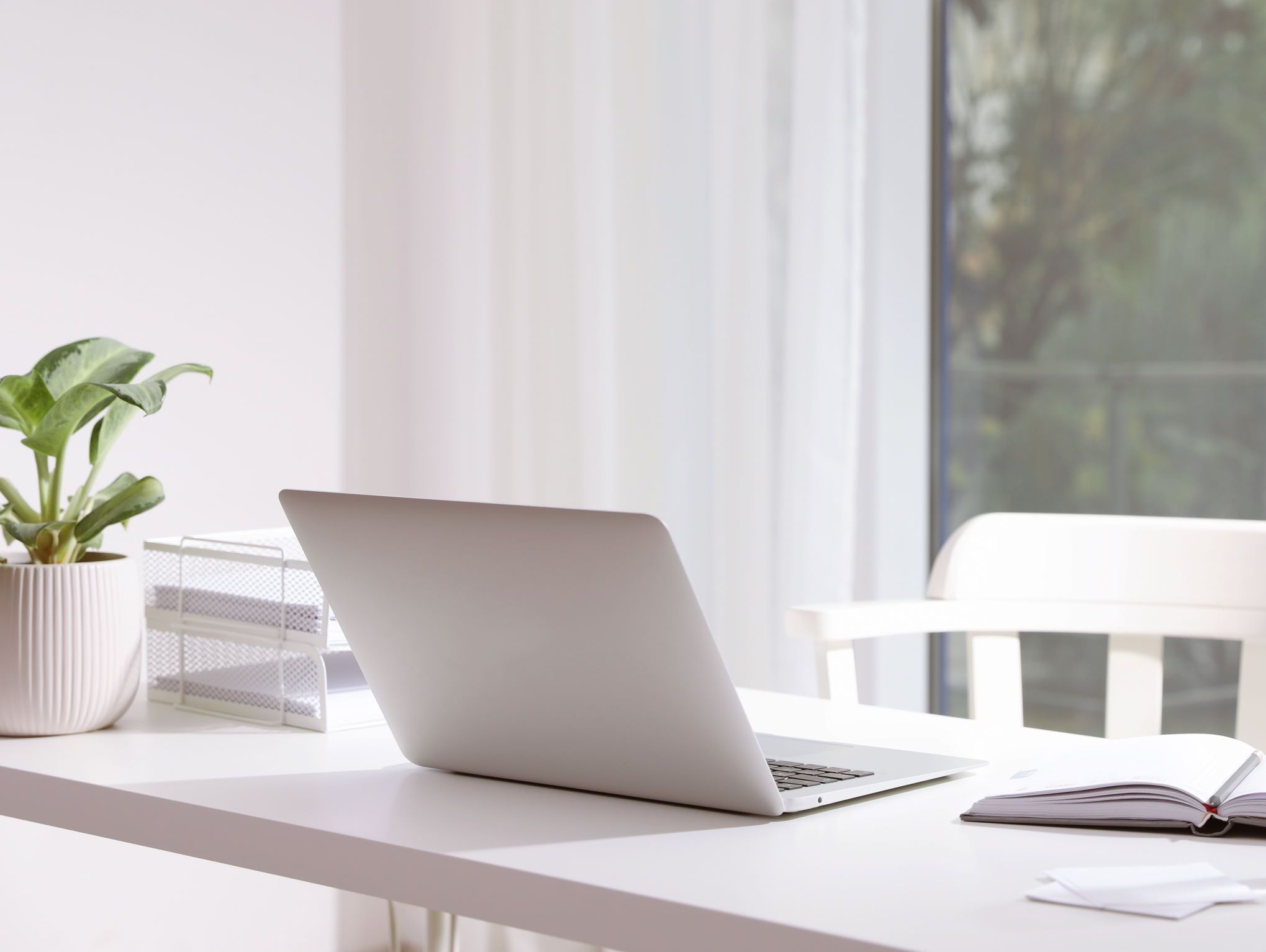 Rent skrivbord med laptop och växt.